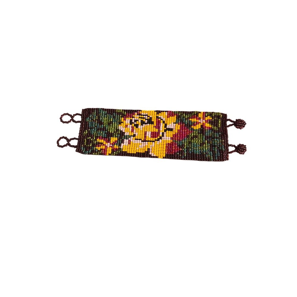 Seed Bead Maya Bracelet Flower Design Handmade Button 6.5" 7" Black Yellow